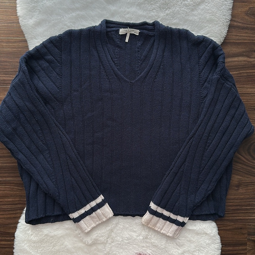Rag & Bone Cropped V-neck Sweater Navy White size XS